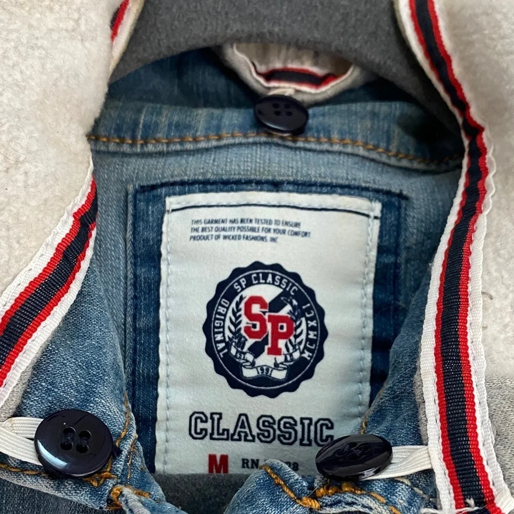 Classic Cropped Blue Denim Varsity Vest with Gray Removable Hood, Size M
